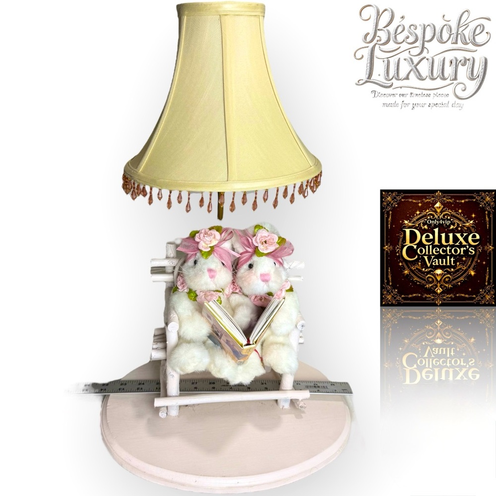 VTG Pair of Plush Bunnies Reading Book Accent Lamp on Twig bench